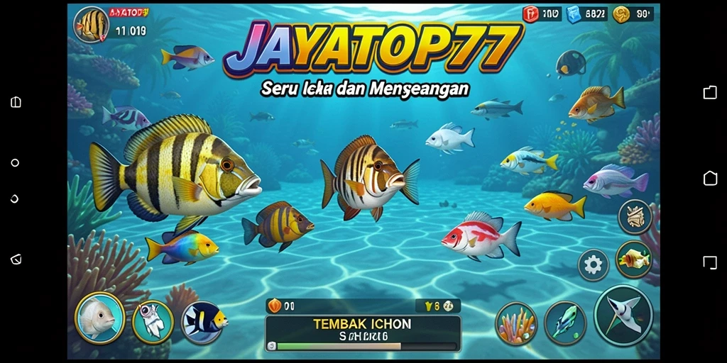 Screenshot gameplay JAYATOP77 menampilkan aksi menembak ikan yang seru.