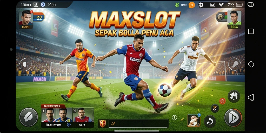 Screenshot gameplay menunjukkan aksi seru di lapangan sepak bola.