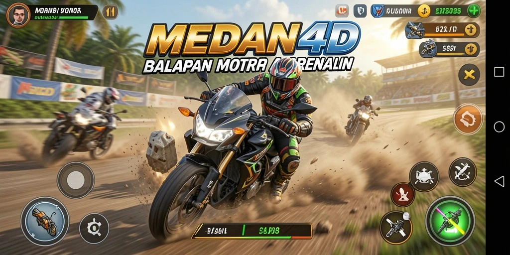 Screenshot gameplay MEDAN4D menampilkan aksi balapan motor yang mendebarkan.