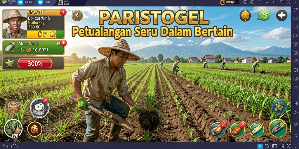 Tampilan gameplay <strong>PARISTOGEL</strong> yang menampilkan ladang hijau dan hasil panen melimpah.