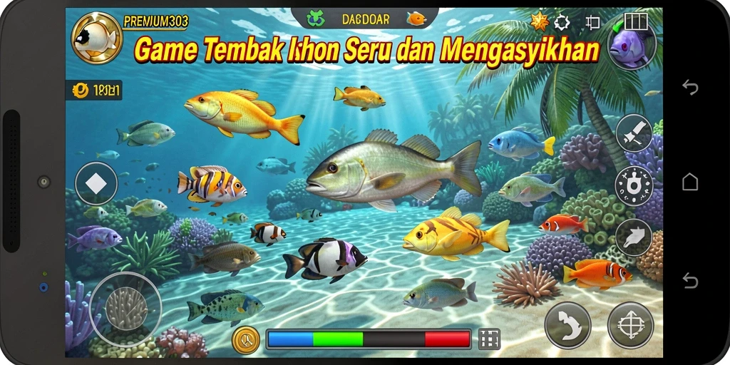 Tampilan screenshot utama PREMIUM303 menampilkan aksi seru menangkap ikan.