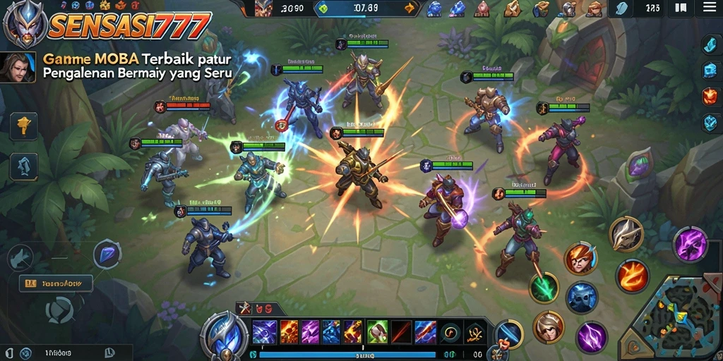 Tampilan gameplay menarik SENSASI777 dalam pertarungan seru di arena MOBA.